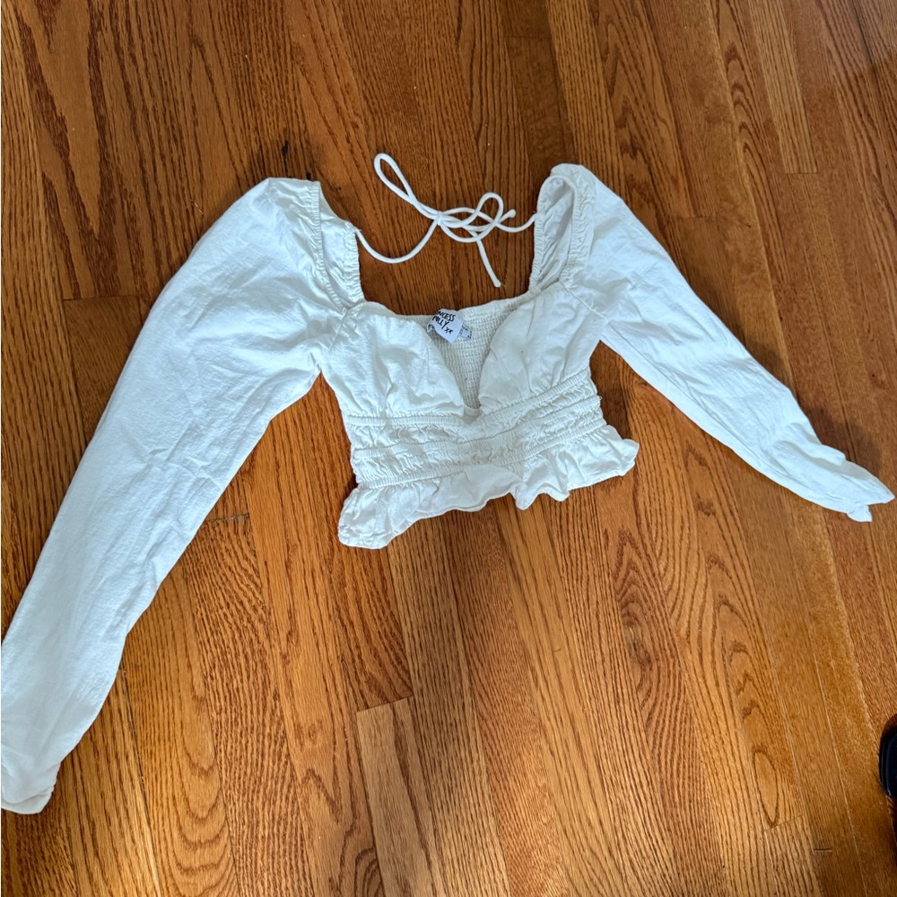 Princess Polly Cropped White Ruffled Tie Front Blouse